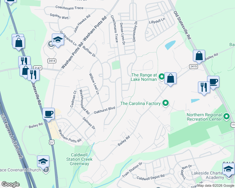 map of restaurants, bars, coffee shops, grocery stores, and more near 19202 Kanawha Drive in Cornelius