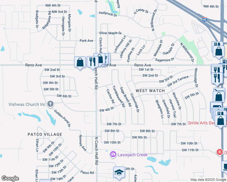 map of restaurants, bars, coffee shops, grocery stores, and more near 415 Tumbleweed Road in Yukon