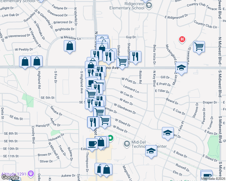 map of restaurants, bars, coffee shops, grocery stores, and more near 316 West Coe Drive in Midwest City
