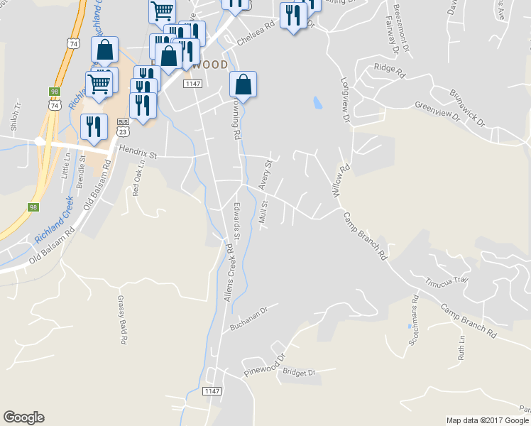 map of restaurants, bars, coffee shops, grocery stores, and more near 67 Mull Street in Waynesville