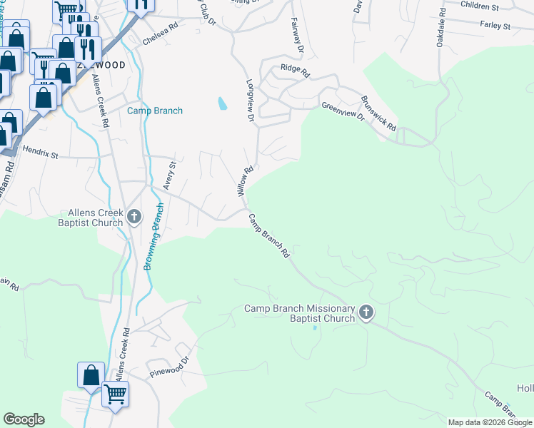 map of restaurants, bars, coffee shops, grocery stores, and more near 285 Willow Road in Waynesville