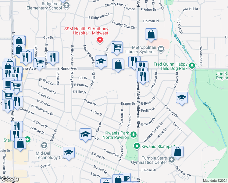map of restaurants, bars, coffee shops, grocery stores, and more near 442 Randall Drive in Midwest City