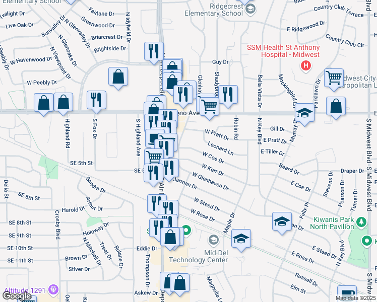 map of restaurants, bars, coffee shops, grocery stores, and more near 316 West Coe Drive in Midwest City