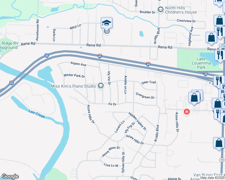 map of restaurants, bars, coffee shops, grocery stores, and more near 1614 Valley View Street in Van Buren
