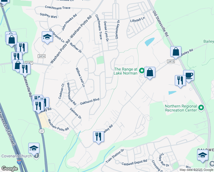 map of restaurants, bars, coffee shops, grocery stores, and more near 18624 Coachmans Trace in Cornelius