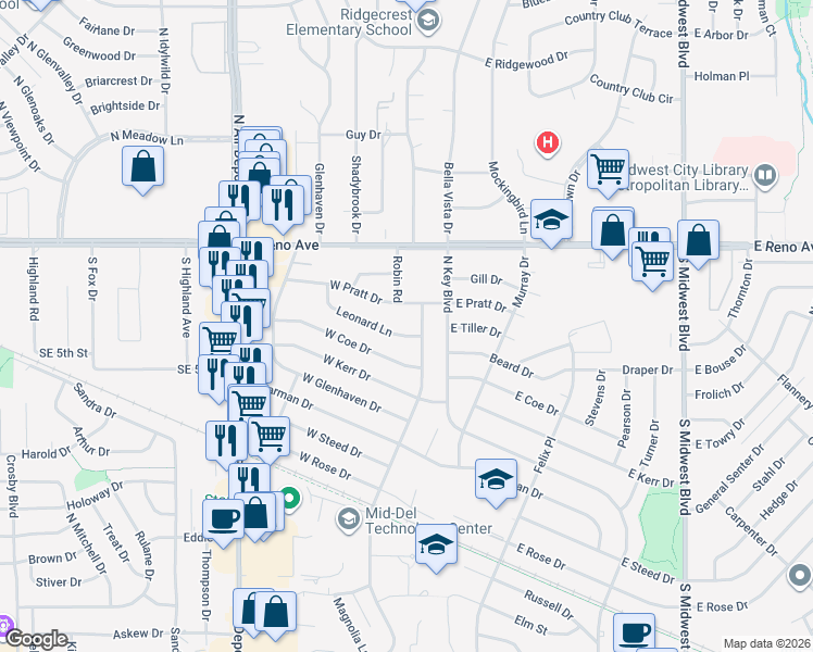 map of restaurants, bars, coffee shops, grocery stores, and more near 121 Leonard Ln in Midwest City