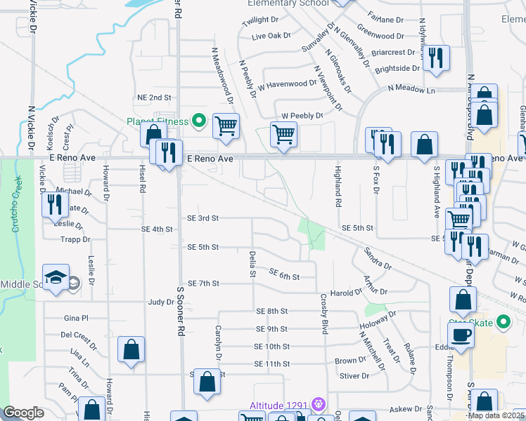 map of restaurants, bars, coffee shops, grocery stores, and more near 6009 Southeast 3rd Street in Midwest City