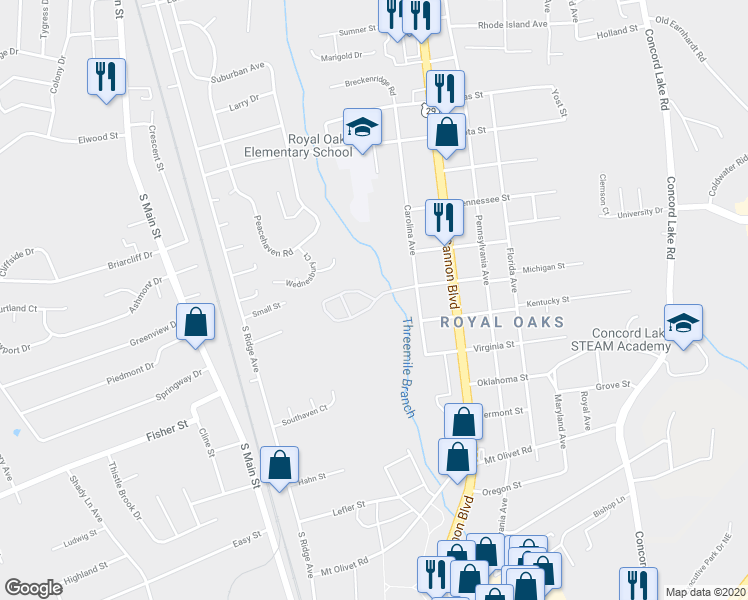 map of restaurants, bars, coffee shops, grocery stores, and more near 1099 Coopers Ridge Drive in Kannapolis