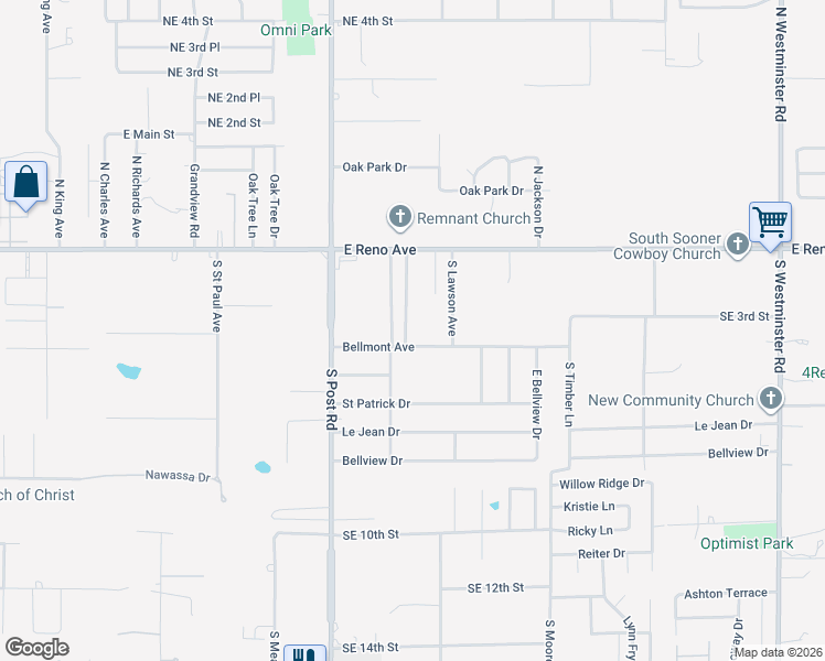 map of restaurants, bars, coffee shops, grocery stores, and more near 400 Remington Avenue in Midwest City