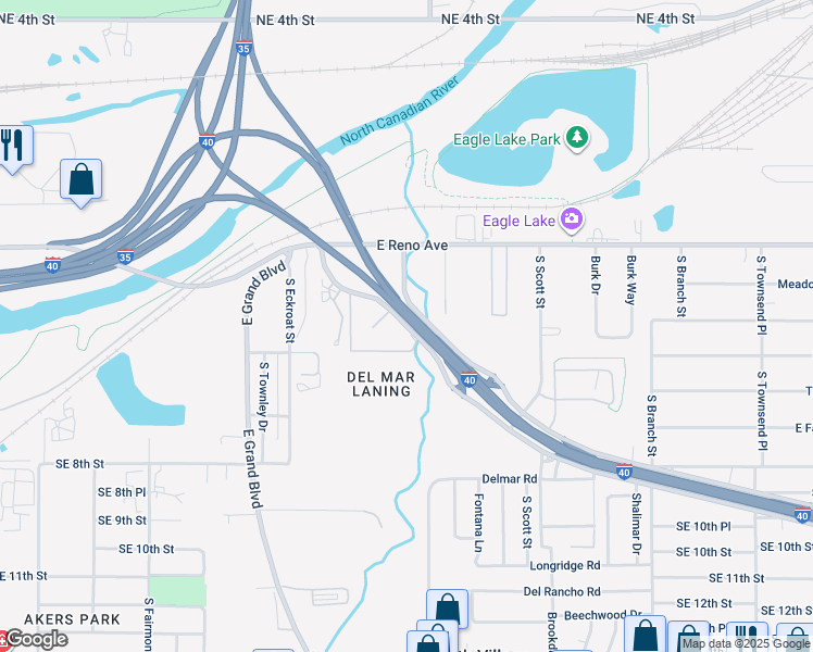 map of restaurants, bars, coffee shops, grocery stores, and more near 425 I- 40 Srv Road in Oklahoma City