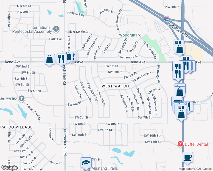 map of restaurants, bars, coffee shops, grocery stores, and more near 11852 Southwest 3rd Terrace in Yukon
