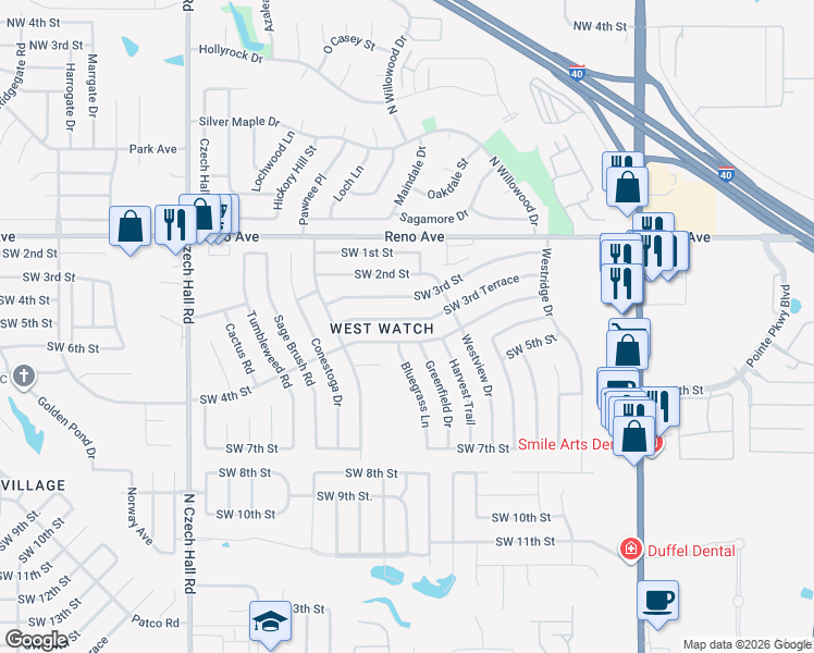 map of restaurants, bars, coffee shops, grocery stores, and more near 11828 SW 3rd Terrace in Yukon
