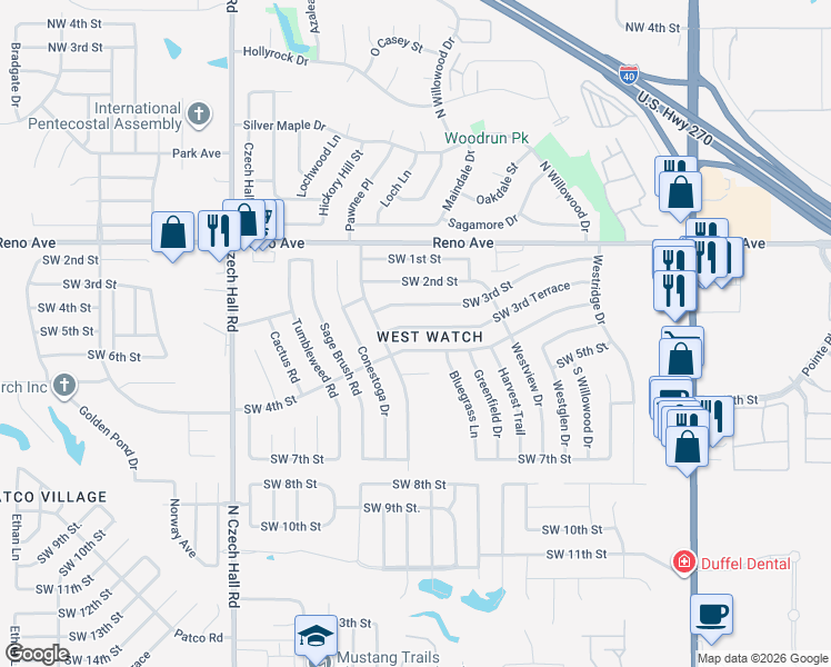 map of restaurants, bars, coffee shops, grocery stores, and more near 11852 Southwest 3rd Terrace in Yukon