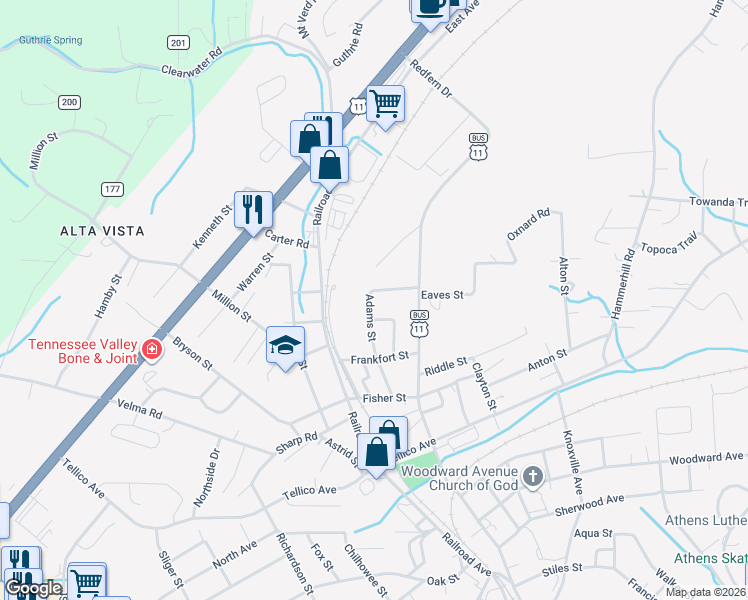 map of restaurants, bars, coffee shops, grocery stores, and more near 1814 Adams Street in Athens