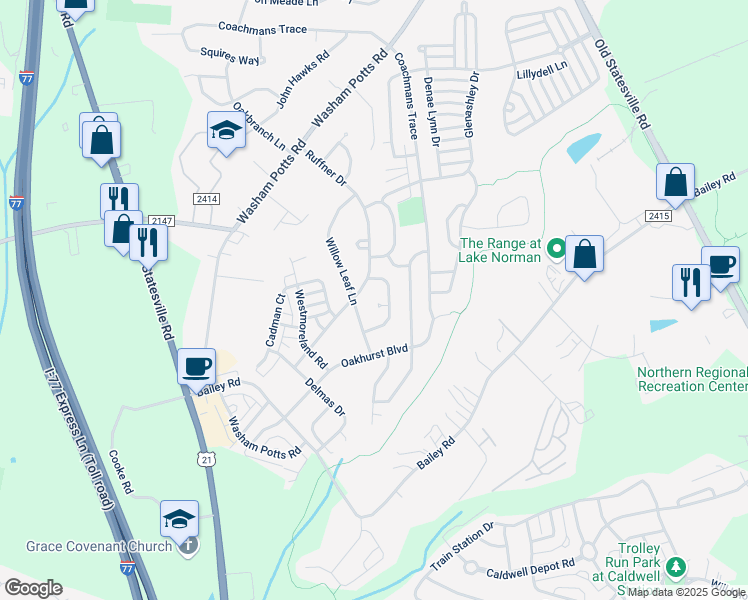 map of restaurants, bars, coffee shops, grocery stores, and more near 9909 Adelie Court in Cornelius