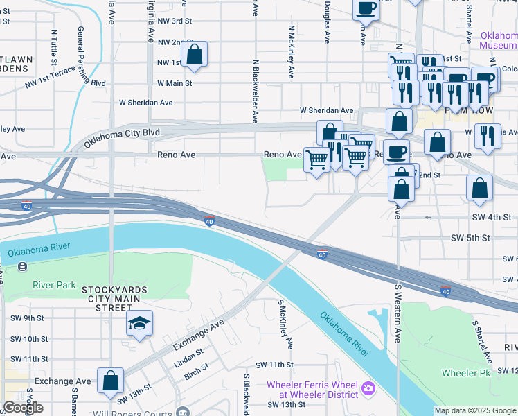map of restaurants, bars, coffee shops, grocery stores, and more near 401 South Blackwelder Avenue in Oklahoma City