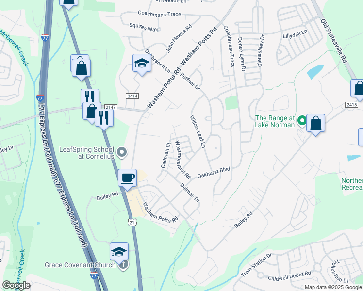 map of restaurants, bars, coffee shops, grocery stores, and more near 18709 Ronceverte Drive in Cornelius