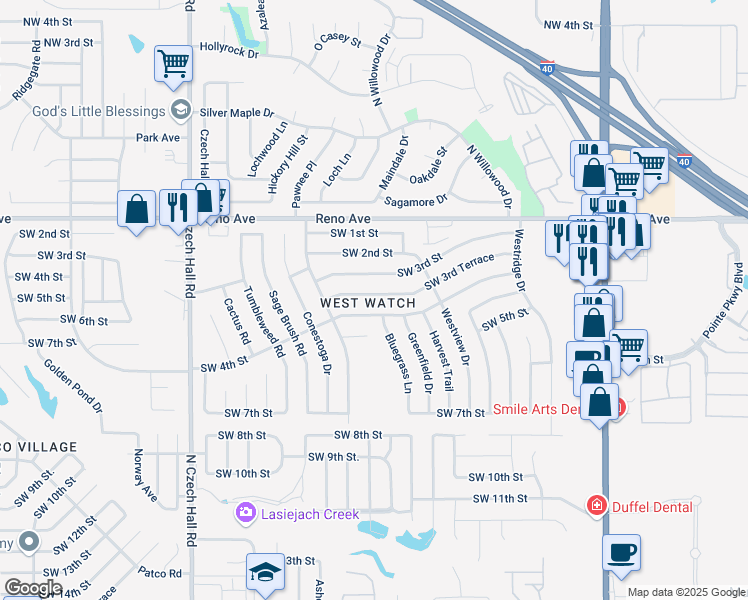 map of restaurants, bars, coffee shops, grocery stores, and more near 11840 Southwest 3rd Terrace in Yukon