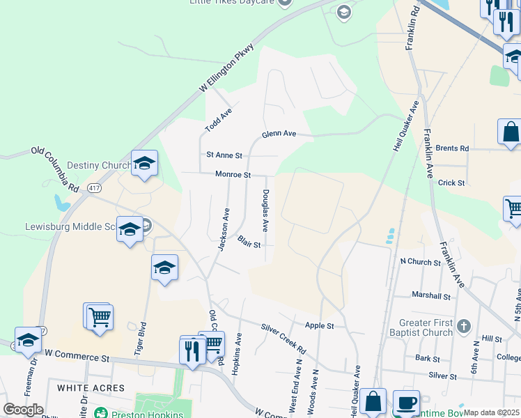 map of restaurants, bars, coffee shops, grocery stores, and more near 658 Douglas Ave in Lewisburg