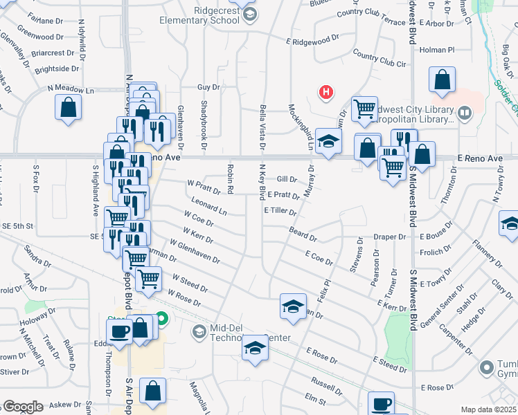 map of restaurants, bars, coffee shops, grocery stores, and more near 2421 North key Boulevard in Midwest City