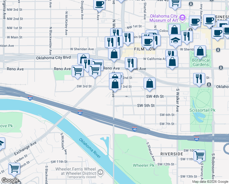map of restaurants, bars, coffee shops, grocery stores, and more near 402 South Western Avenue in Oklahoma City