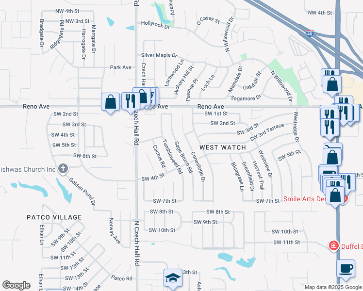 map of restaurants, bars, coffee shops, grocery stores, and more near 416 Sage Brush Road in Yukon