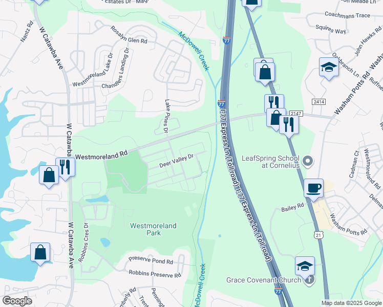 map of restaurants, bars, coffee shops, grocery stores, and more near 19759 Deer Valley Drive in Cornelius