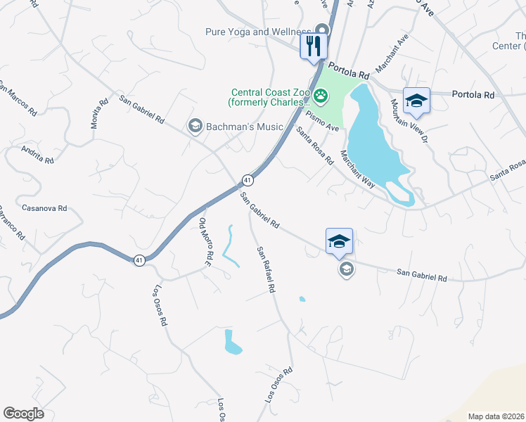 map of restaurants, bars, coffee shops, grocery stores, and more near 7975 San Gabriel Road in Atascadero