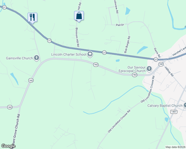 map of restaurants, bars, coffee shops, grocery stores, and more near 253 Sundown Lane in Lincolnton