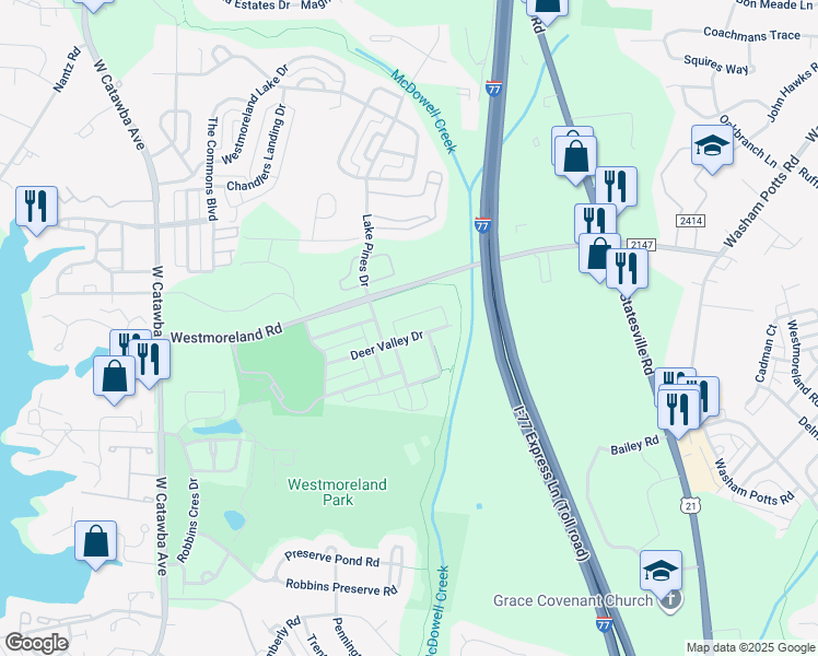 map of restaurants, bars, coffee shops, grocery stores, and more near 19739 Deer Valley Drive in Cornelius