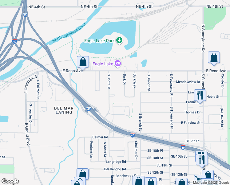 map of restaurants, bars, coffee shops, grocery stores, and more near 340 South Scott Street in Del City