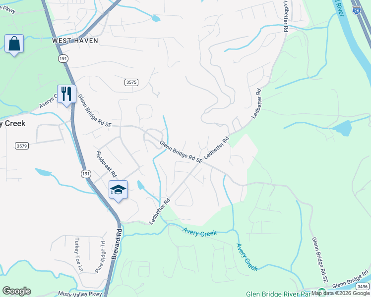 map of restaurants, bars, coffee shops, grocery stores, and more near 985 Glenn Bridge Road Southeast in Arden