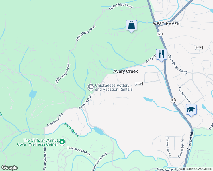 map of restaurants, bars, coffee shops, grocery stores, and more near 134 Avery Creek Road in Arden