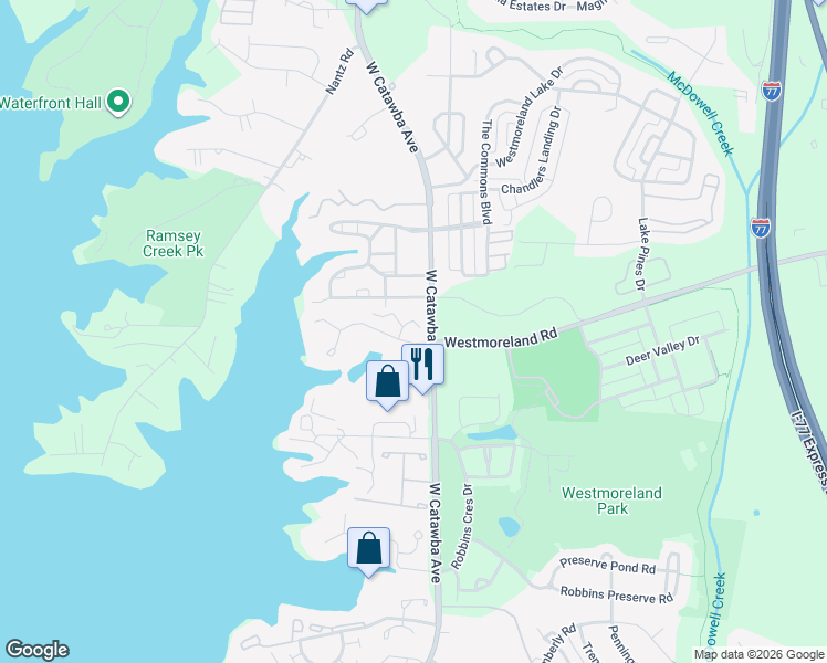 map of restaurants, bars, coffee shops, grocery stores, and more near 18817 Nautical Drive in Cornelius