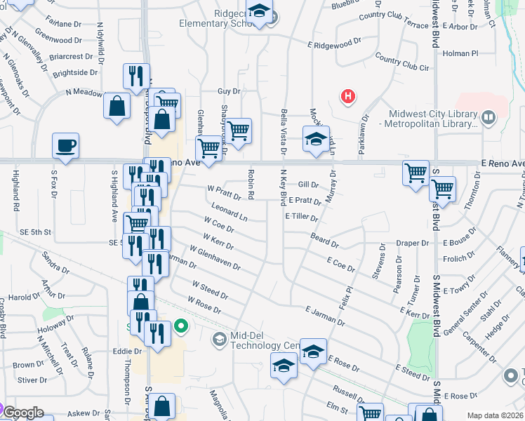 map of restaurants, bars, coffee shops, grocery stores, and more near 121 Leonard Lane in Midwest City