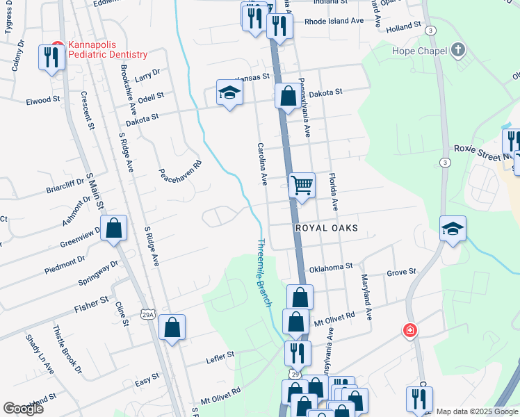map of restaurants, bars, coffee shops, grocery stores, and more near 1180 Coopers Ridge Drive in Kannapolis