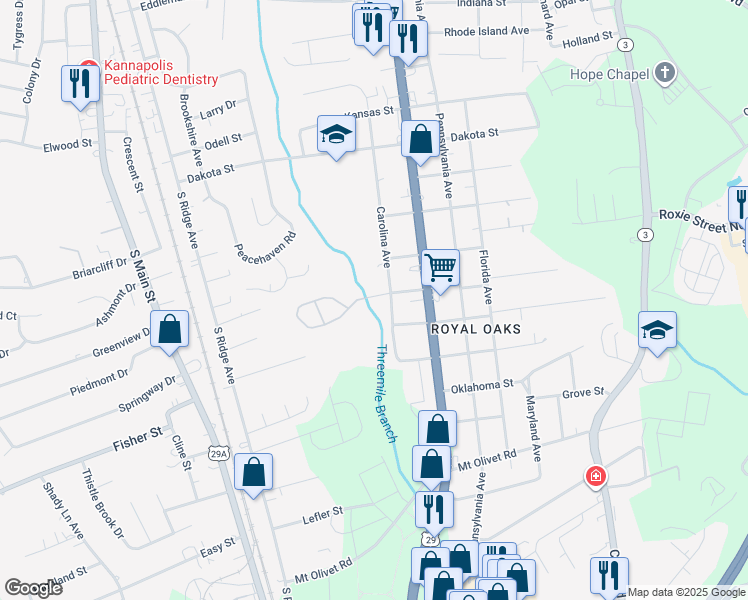 map of restaurants, bars, coffee shops, grocery stores, and more near 1180 Coopers Ridge Drive in Kannapolis