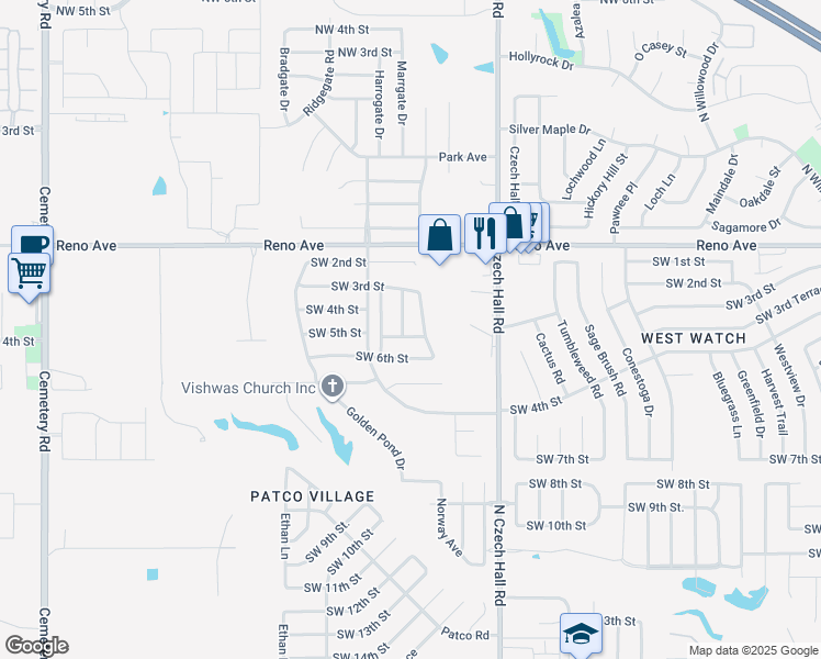 map of restaurants, bars, coffee shops, grocery stores, and more near 12309 Southwest 5th Street in Yukon