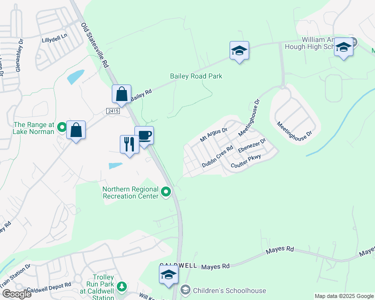 map of restaurants, bars, coffee shops, grocery stores, and more near 11040 Bailey Park Nature Drive in Cornelius
