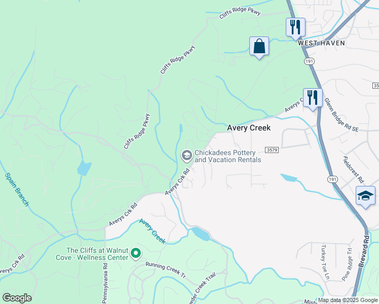 map of restaurants, bars, coffee shops, grocery stores, and more near 148 Avery Creek Road in Arden