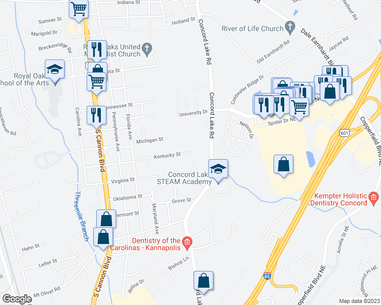 map of restaurants, bars, coffee shops, grocery stores, and more near 1119 Kentucky Street in Kannapolis