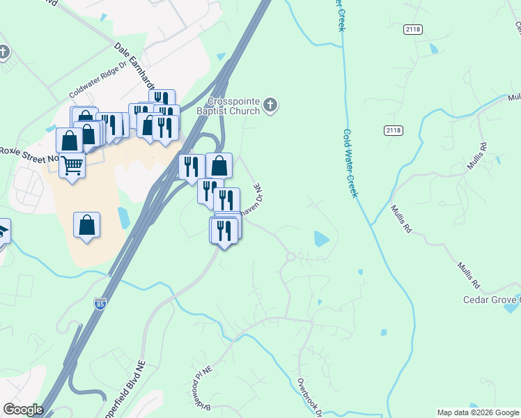 map of restaurants, bars, coffee shops, grocery stores, and more near 1040 Vinehaven Drive Northeast in Concord