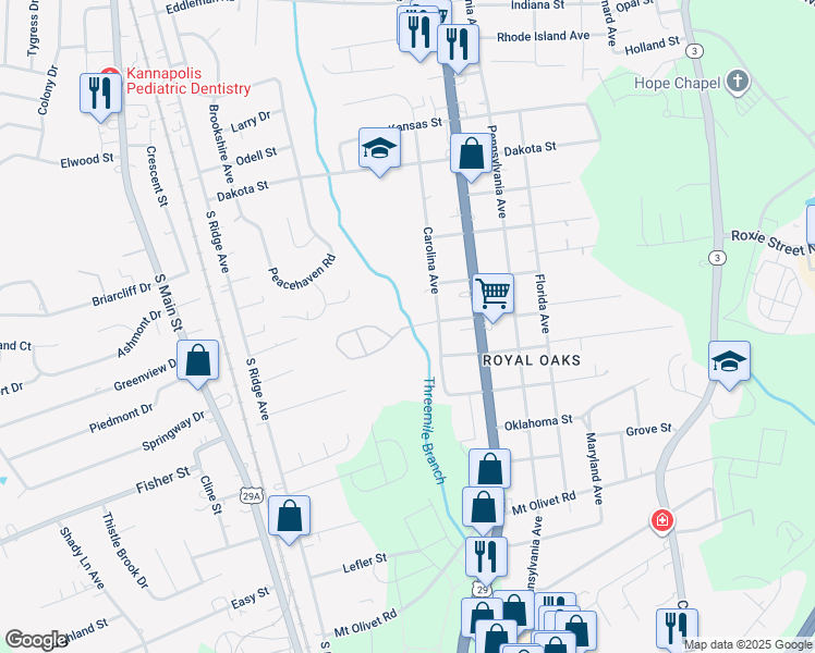 map of restaurants, bars, coffee shops, grocery stores, and more near 1180 Coopers Ridge Drive in Kannapolis