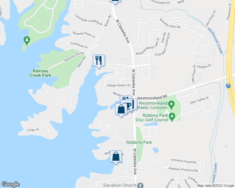 map of restaurants, bars, coffee shops, grocery stores, and more near 18741 Nautical Drive in Cornelius