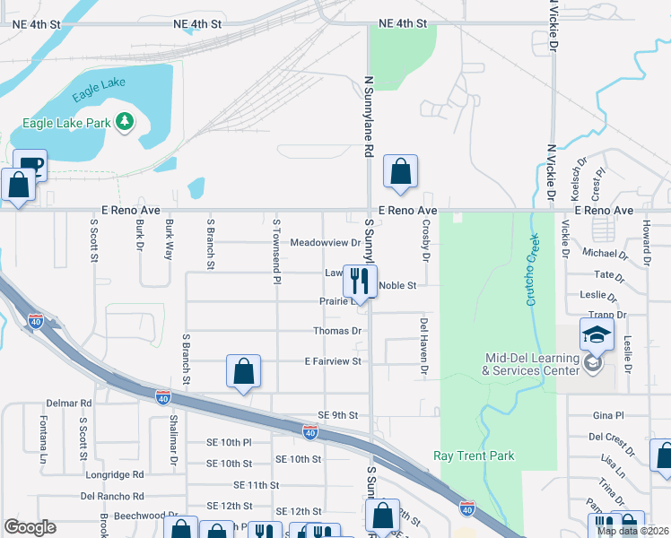 map of restaurants, bars, coffee shops, grocery stores, and more near 4108 Lawn Drive in Del City