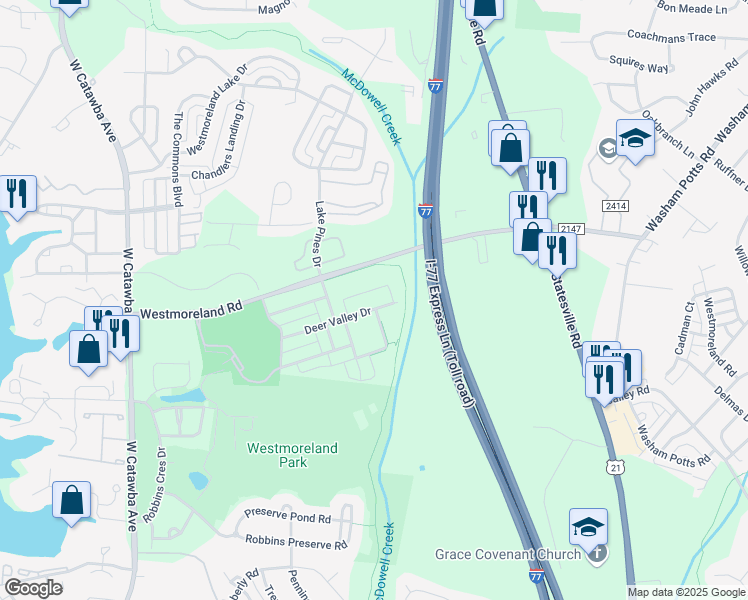 map of restaurants, bars, coffee shops, grocery stores, and more near 19815 Deer Valley Drive in Cornelius