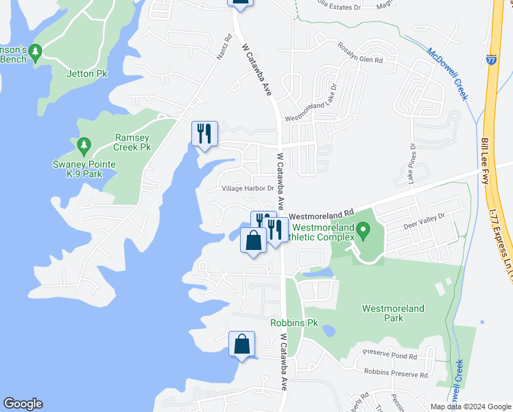 map of restaurants, bars, coffee shops, grocery stores, and more near 18809 Nautical Drive in Cornelius