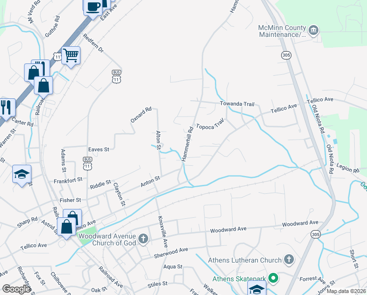 map of restaurants, bars, coffee shops, grocery stores, and more near 1418 Hammerhill Road in Athens