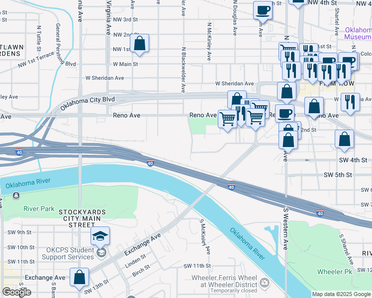 map of restaurants, bars, coffee shops, grocery stores, and more near 401 South Blackwelder Avenue in Oklahoma City
