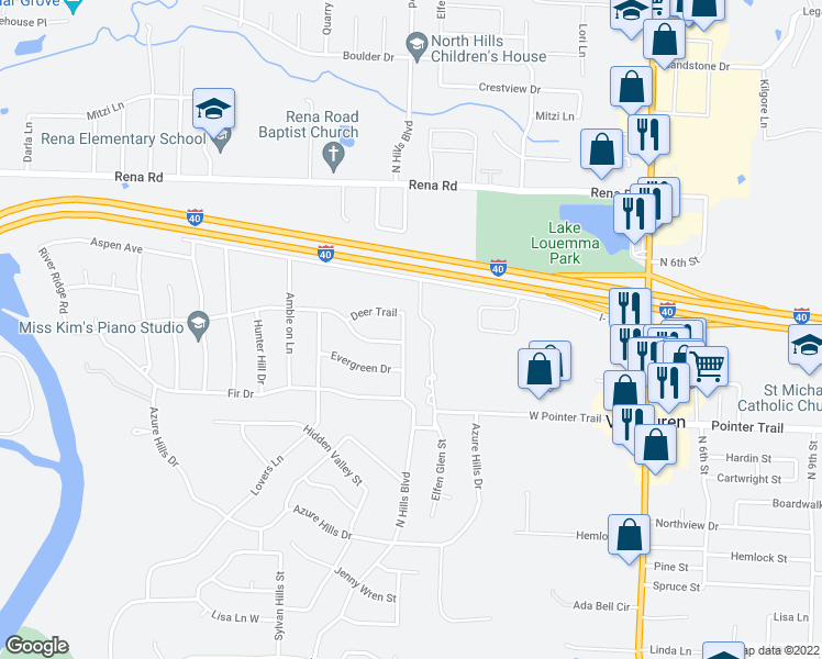 map of restaurants, bars, coffee shops, grocery stores, and more near 1710 North Hills Boulevard in Van Buren
